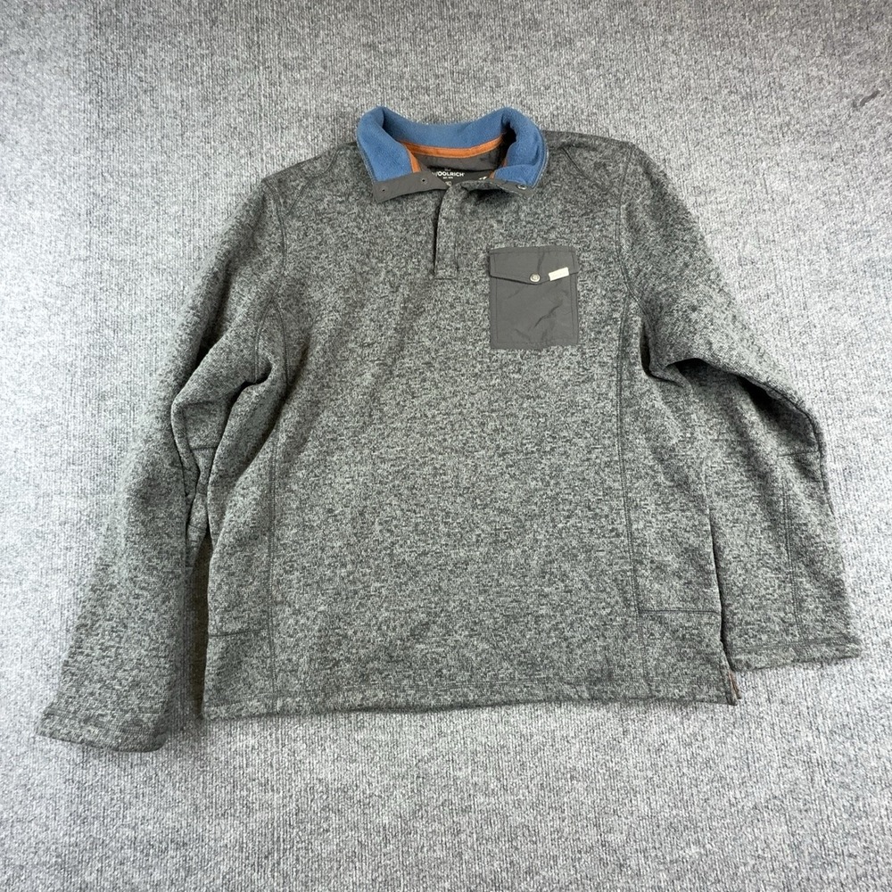Woolrich Sweater Mens XL Gray Button Collar Fleece Pullover Chest Pocket Knit